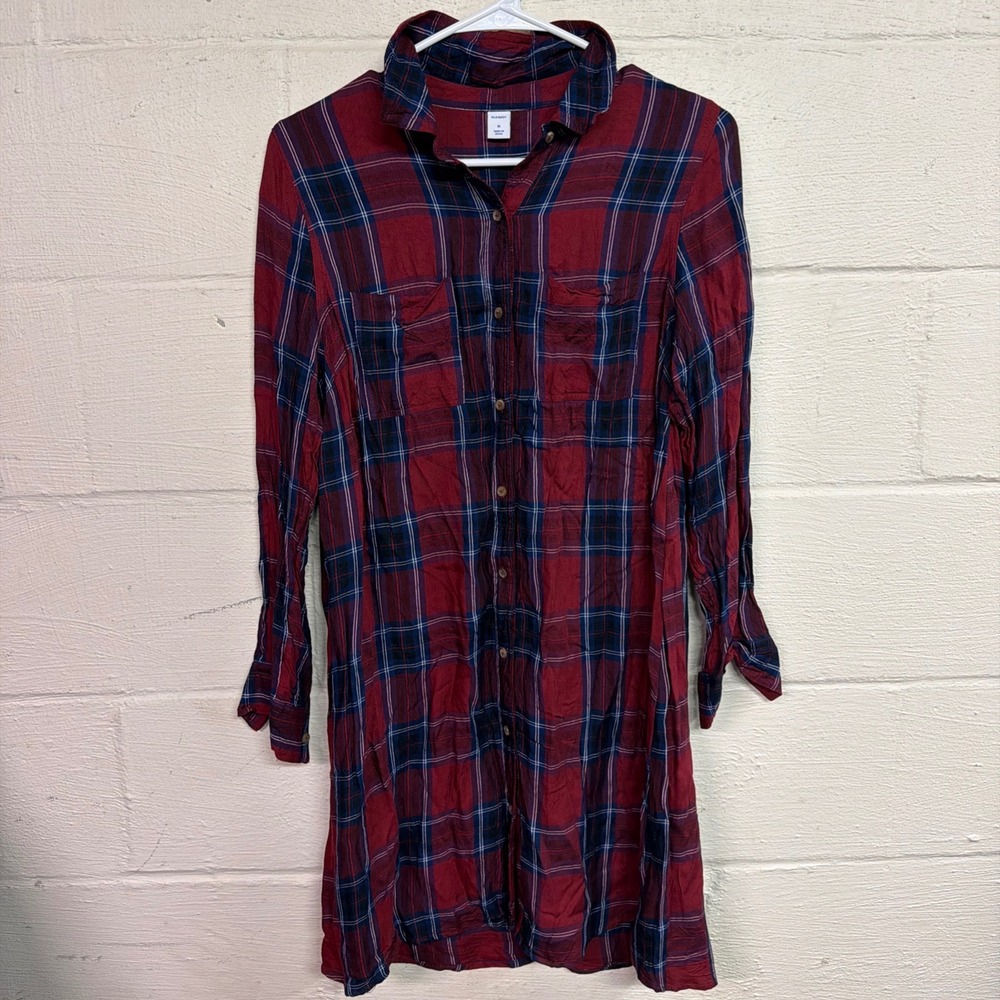 Old Navy Plaid Tunic Shirt Dress Women Medium Red Blue Button‎ Front Roll Tab